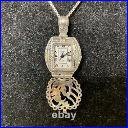 VTG Sterling Silver ART DECO Signed MC Marcasite Watch Necklace WithChain 44gr