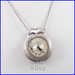 VTG Sterling Silver Art Deco Guilloche Enamel Watch Pendant Necklace 26 LDG9