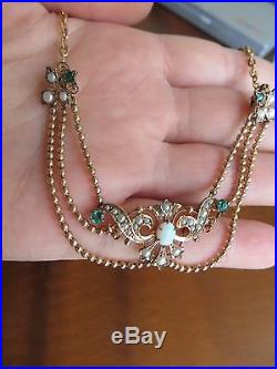 Victorian/Art Deco Gold Filled Seed Pearls/Opal /Green Stones Beautiful Necklace
