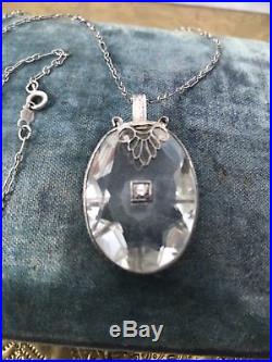 Vintage 14K White Gold Art Deco Filigree Crystal Diamond Pendant/Necklace