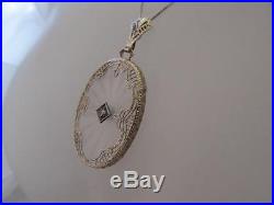 Vintage 14K White Gold Art Deco Filigree Crystal Diamond Pendant/Necklace