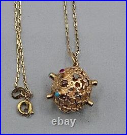 Vintage 14k Art Deco Gemmed Cage Pendant Necklace 585k Turquoise Ruby Sapphire