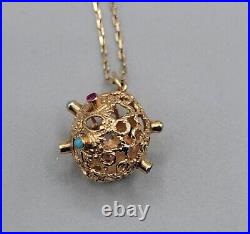 Vintage 14k Art Deco Gemmed Cage Pendant Necklace 585k Turquoise Ruby Sapphire