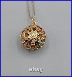 Vintage 14k Art Deco Gemmed Cage Pendant Necklace 585k Turquoise Ruby Sapphire