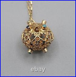 Vintage 14k Art Deco Gemmed Cage Pendant Necklace 585k Turquoise Ruby Sapphire