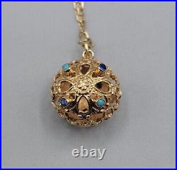 Vintage 14k Art Deco Gemmed Cage Pendant Necklace 585k Turquoise Ruby Sapphire