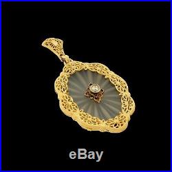 Vintage 14k Gold Art Deco Diamond Camphor Glass Pendant For Necklace