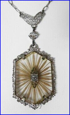 Vintage 16 Art Deco Signed PSCo Filigree Carved Camphor Glass Lavalier Necklace
