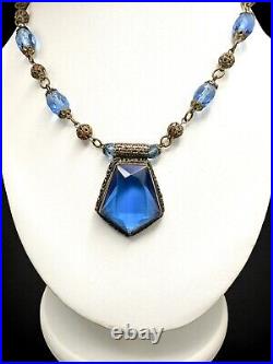 Vintage 1920's Czech Faceted Blue Glass Brass Filigree Beaded Pendant Necklace