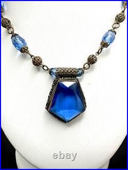 Vintage 1920's Czech Faceted Blue Glass Brass Filigree Beaded Pendant Necklace