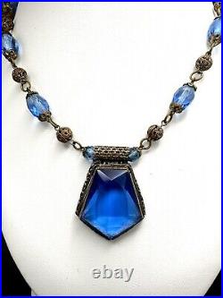 Vintage 1920's Czech Faceted Blue Glass Brass Filigree Beaded Pendant Necklace