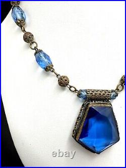 Vintage 1920's Czech Faceted Blue Glass Brass Filigree Beaded Pendant Necklace