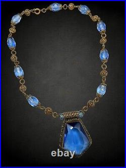 Vintage 1920's Czech Faceted Blue Glass Brass Filigree Beaded Pendant Necklace