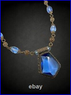 Vintage 1920's Czech Faceted Blue Glass Brass Filigree Beaded Pendant Necklace