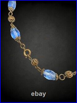 Vintage 1920's Czech Faceted Blue Glass Brass Filigree Beaded Pendant Necklace