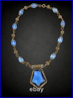 Vintage 1920's Czech Faceted Blue Glass Brass Filigree Beaded Pendant Necklace