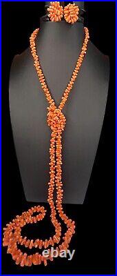 Vintage 1920's Salmon Coral Necklace & Screw Earrings Art Deco Opera Length 50