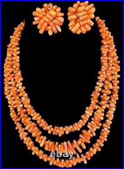 Vintage 1920's Salmon Coral Necklace & Screw Earrings Art Deco Opera Length 50