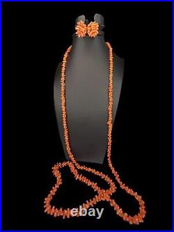 Vintage 1920's Salmon Coral Necklace & Screw Earrings Art Deco Opera Length 50