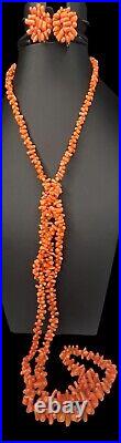 Vintage 1920's Salmon Coral Necklace & Screw Earrings Art Deco Opera Length 50