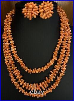 Vintage 1920's Salmon Coral Necklace & Screw Earrings Art Deco Opera Length 50