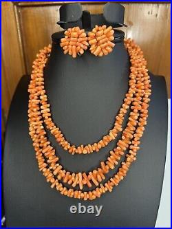 Vintage 1920's Salmon Coral Necklace & Screw Earrings Art Deco Opera Length 50