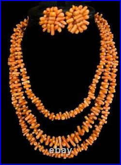 Vintage 1920's Salmon Coral Necklace & Screw Earrings Art Deco Opera Length 50