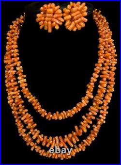 Vintage 1920's Salmon Coral Necklace & Screw Earrings Art Deco Opera Length 50