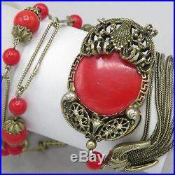 Vintage 1920s Art Deco Cherry Red Glass Flapper Sautoir Tassel Necklace