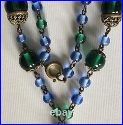 Vintage 1920s Art Deco Czech Czechoslovakia Blue & Green? Glass Lariat Necklace