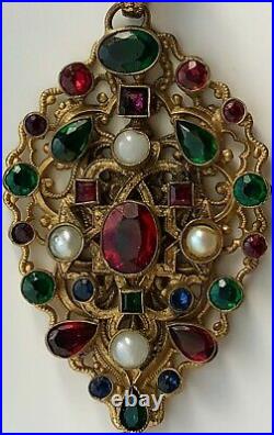 Vintage 1920s Art Deco Czech Czechoslovakia Multi Gem Glass Pendant Necklace