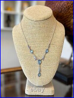 Vintage 1920s Art Deco Sterling Silver Blue Faceted Czech Glass Lariat Necklace