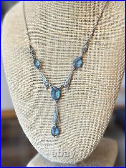 Vintage 1920s Art Deco Sterling Silver Blue Faceted Czech Glass Lariat Necklace