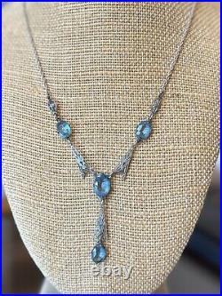 Vintage 1920s Art Deco Sterling Silver Blue Faceted Czech Glass Lariat Necklace