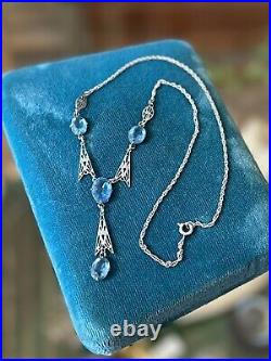 Vintage 1920s Art Deco Sterling Silver Blue Faceted Czech Glass Lariat Necklace