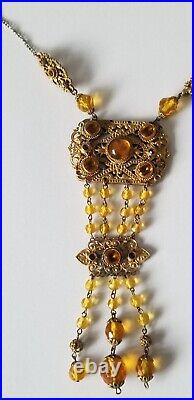 Vintage 1930's Art Deco Czech Amber Glass Beads Crystal Tassel Flapper Necklace