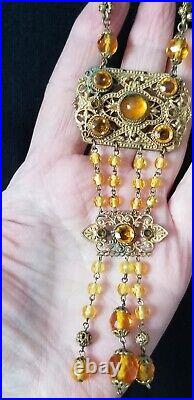 Vintage 1930's Art Deco Czech Amber Glass Beads Crystal Tassel Flapper Necklace