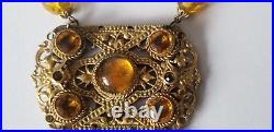 Vintage 1930's Art Deco Czech Amber Glass Beads Crystal Tassel Flapper Necklace