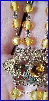 Vintage 1930's Art Deco Czech Amber Glass Beads Crystal Tassel Flapper Necklace