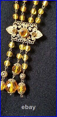 Vintage 1930's Art Deco Czech Amber Glass Beads Crystal Tassel Flapper Necklace