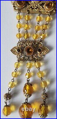 Vintage 1930's Art Deco Czech Amber Glass Beads Crystal Tassel Flapper Necklace