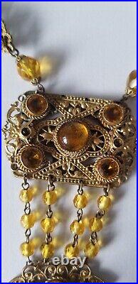 Vintage 1930's Art Deco Czech Amber Glass Beads Crystal Tassel Flapper Necklace