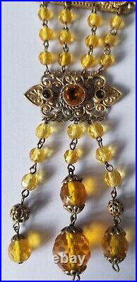 Vintage 1930's Art Deco Czech Amber Glass Beads Crystal Tassel Flapper Necklace