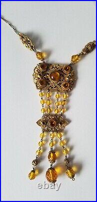 Vintage 1930's Art Deco Czech Amber Glass Beads Crystal Tassel Flapper Necklace