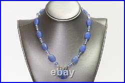 Vintage 1930's Art Deco Sterling Chalcedony Carved Papyrus Flower Beads Necklace
