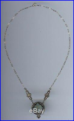 Vintage 1930's Art Deco Sterling Silver Green Glass Necklace