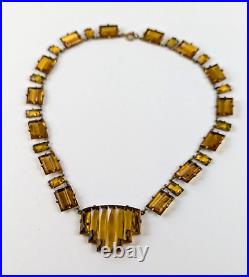 Vintage 1930s Art Deco AMBER TOPAZ Czech Vauxhall Step Glass Necklace Open Back