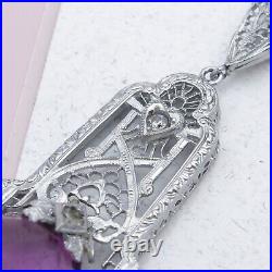 Vintage 1930s Art Deco Amethyst Glass Dangle Silver Filigree Pendant Necklace