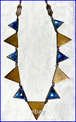 Vintage 1930s Art Deco BLUE TRIANGLE Czech Vauxhall Glass Necklace