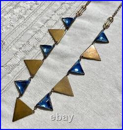 Vintage 1930s Art Deco BLUE TRIANGLE Czech Vauxhall Glass Necklace